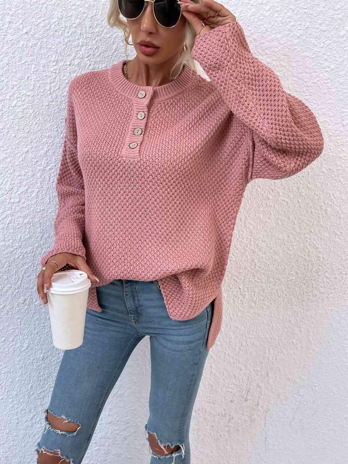 Quarter-Button Slit Sweater - Flyclothing LLC