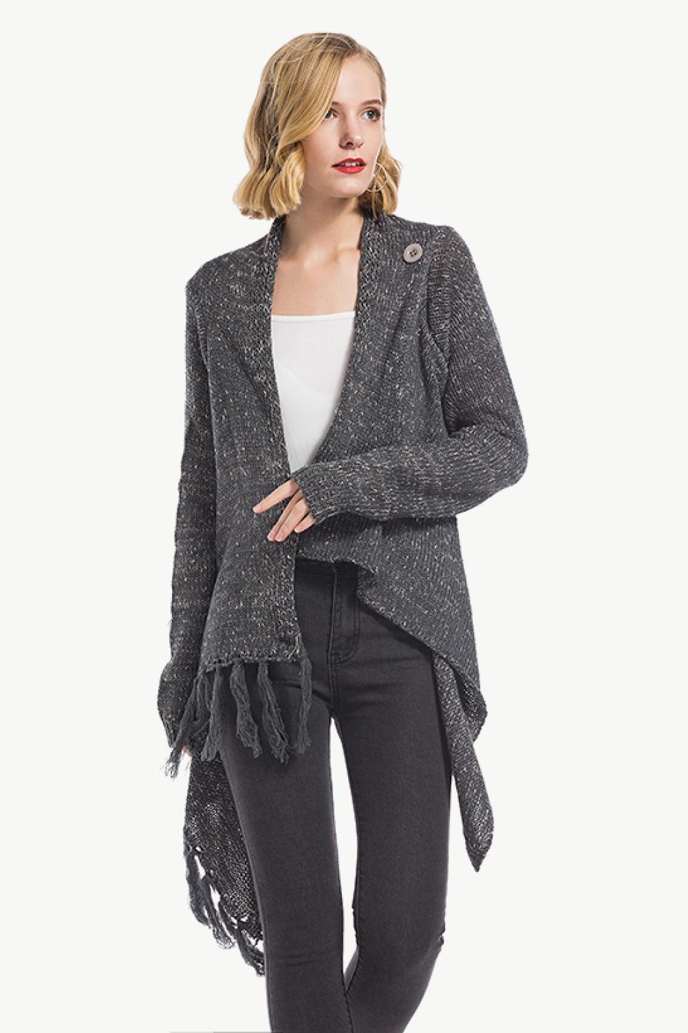 One-Button Tassel Tie Asymmetrical Hem Cardigan - Flyclothing LLC