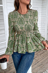 Smocked Printed Balloon Sleeve Blouse - Flyclothing LLC