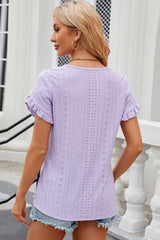 Eyelet Round Neck Petal Sleeve T-Shirt - Flyclothing LLC