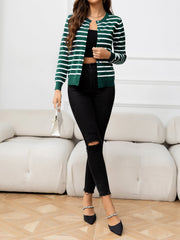 Striped Round Neck Long Sleeve Buttoned Knit Top - Flyclothing LLC