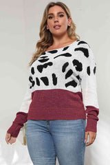 Plus Size Leopard Round Neck Long Sleeve Sweater - Trendsi