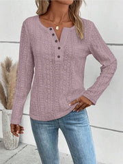 Openwork Half Button Long Sleeve Blouse - Flyclothing LLC