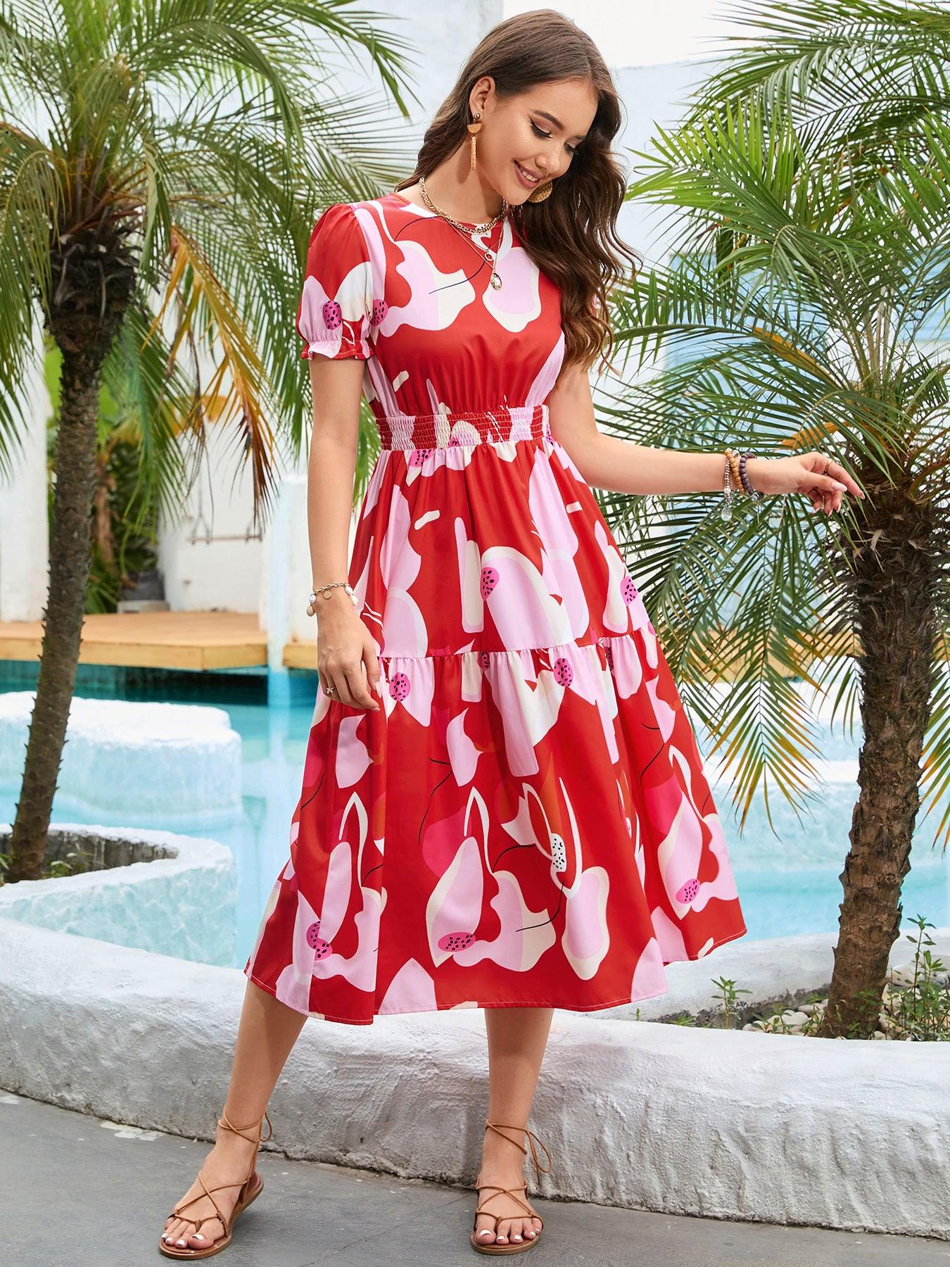 Printed Round Neck Flounce Sleeve Midi Dress - Flyclothing LLC