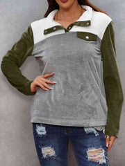 Color Block Collared Sweatshirt with Pockets - Flyclothing LLC