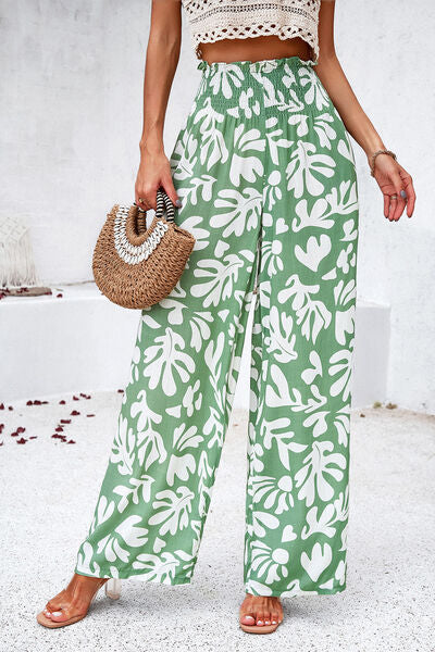 Smocked Printed Wide Leg Pants with Pockets – Flyclothing LLC