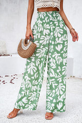 Smocked Printed Wide Leg Pants with Pockets - Flyclothing LLC