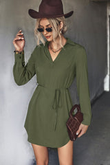 Belted Johnny Collar High-Low Shirt Dress - Flyclothing LLC