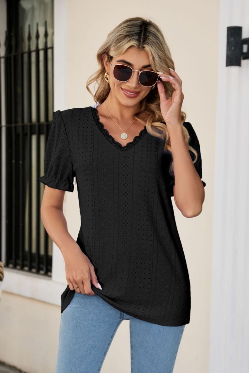 Eyelet Flounce Sleeve Scalloped V-Neck Top - Flyclothing LLC