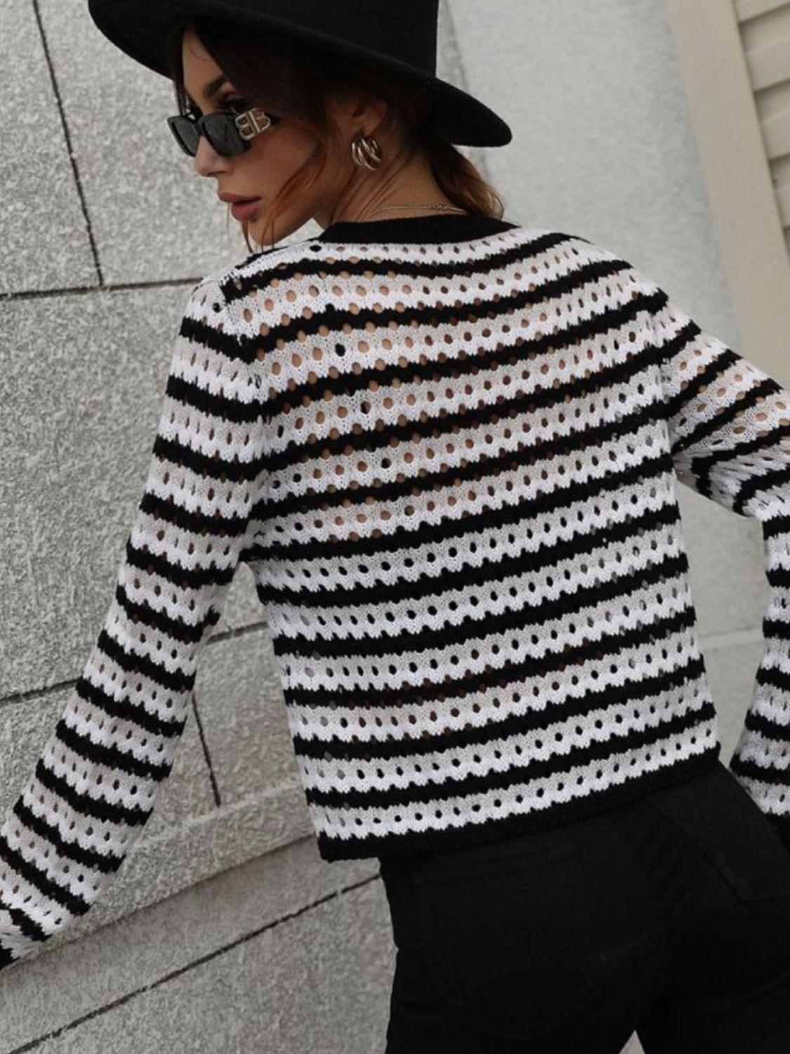 Striped Openwork Long-Sleeve Knit Pullover - Flyclothing LLC