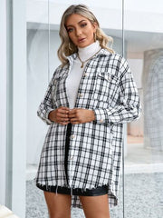 Plaid Pocketed Button Up Dropped Shoulder Jacket - Flyclothing LLC