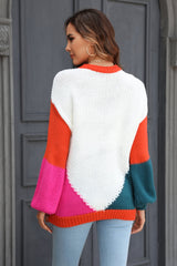 Color Block Round Neck Drop Shoulder Sweater - Trendsi