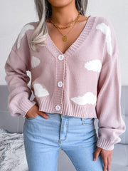 Cloud Print Button Down Ribbed Trim Cardigan - Flyclothing LLC