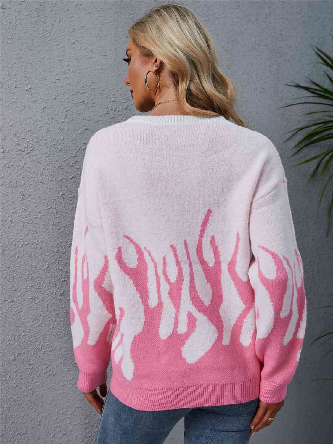 Printed Round Neck Long Sleeve Sweater - Flyclothing LLC