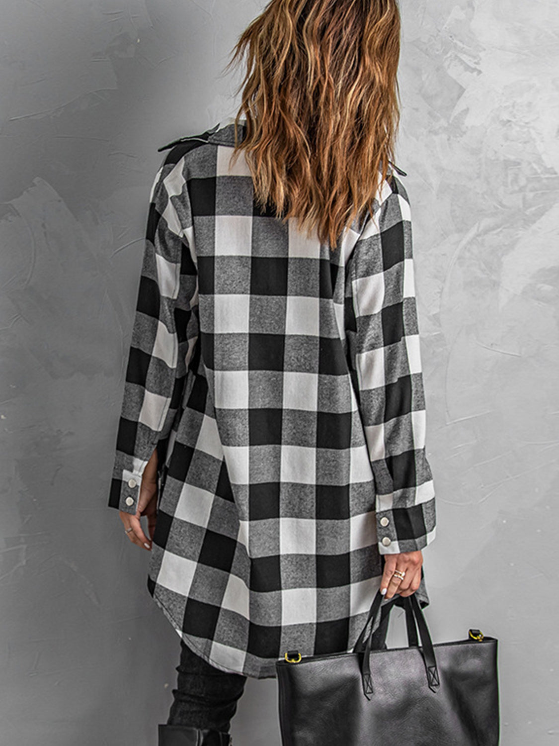 Plaid Snap Down Long Sleeve Jacket - Flyclothing LLC