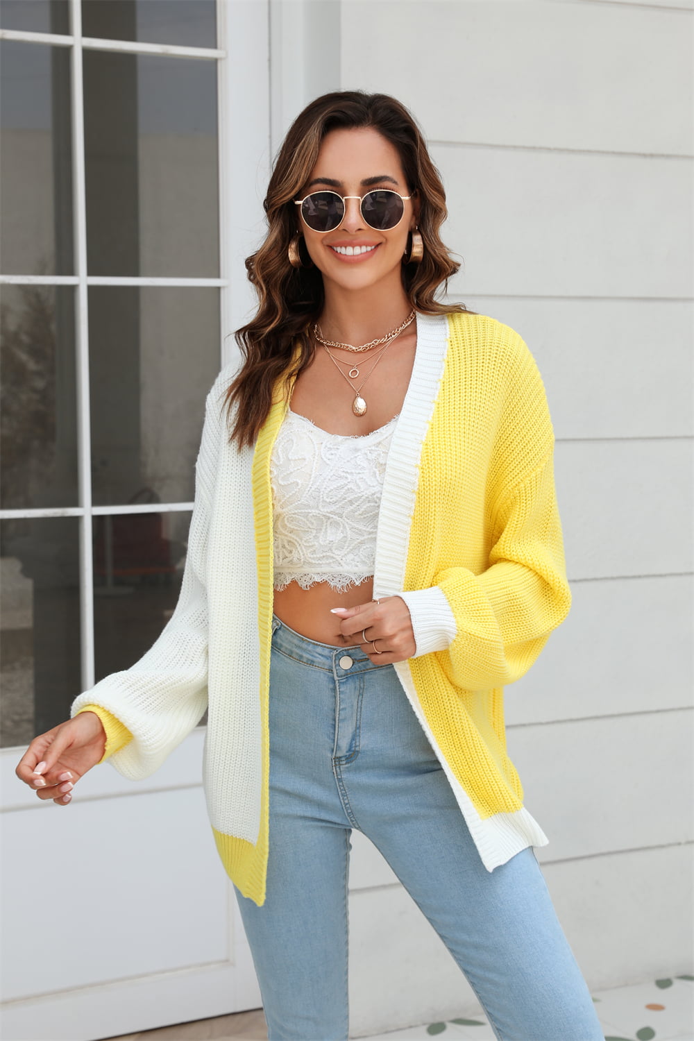 Open Front Contrast Color Balloon Sleeve Cardigan - Flyclothing LLC