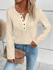 Openwork Half Button Long Sleeve Blouse - Flyclothing LLC