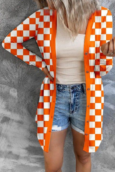 Checkered Button Up Long Cardigan - Trendsi