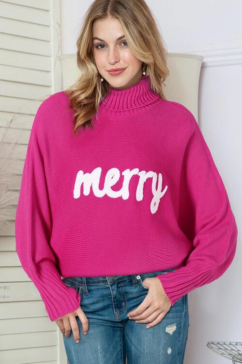 Merry Letter Embroidered High Neck Sweater - Flyclothing LLC