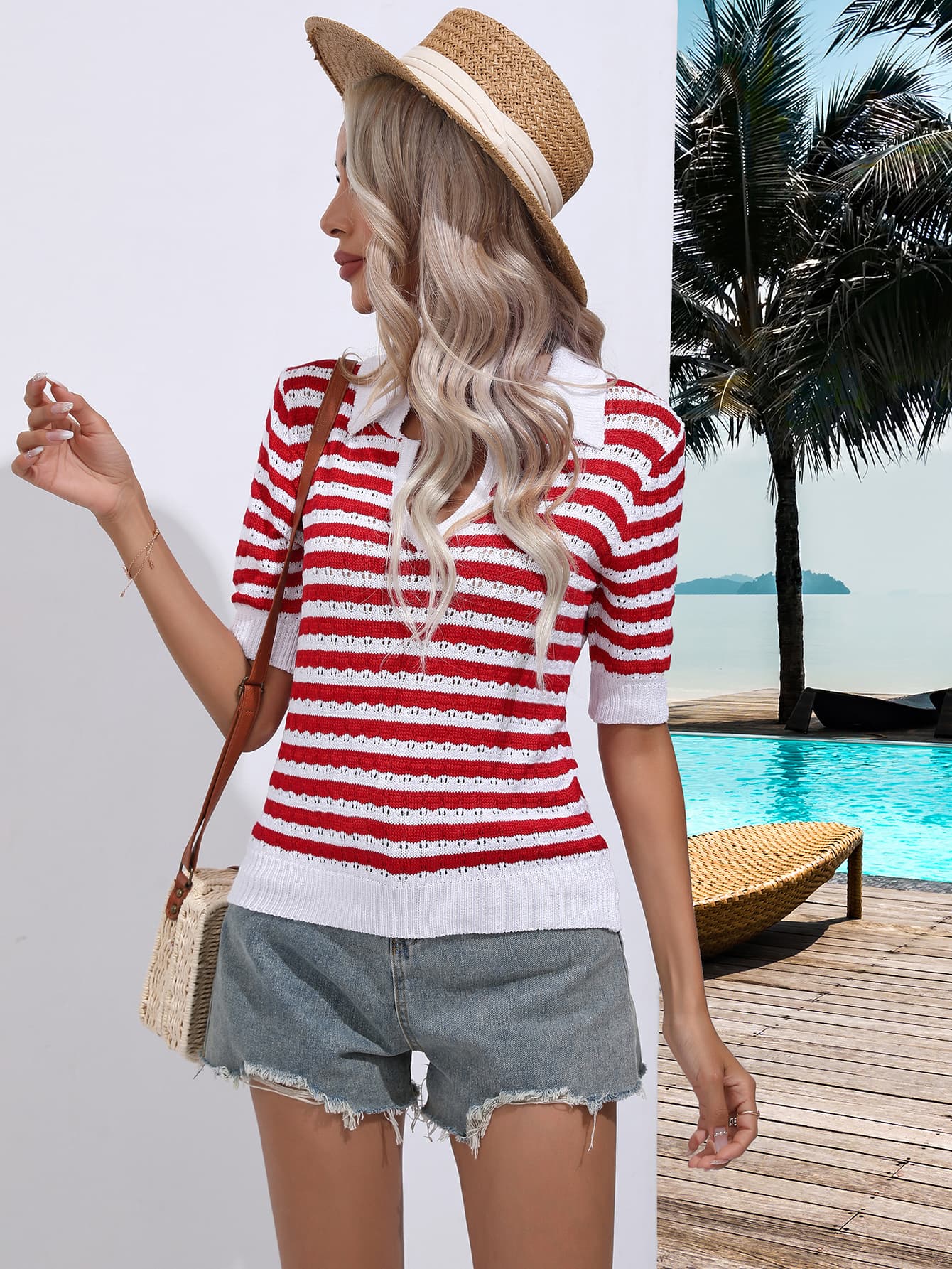 Striped Johnny Collar Half Sleeve Knit Top - Flyclothing LLC