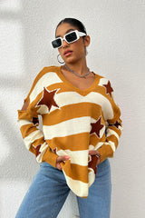 Star Pattern V-Neck Cutout Sweater - Flyclothing LLC