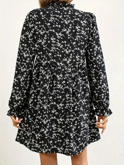 Ditsy Floral Notched Flounce Sleeve Dress - Flyclothing LLC