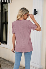 Eyelet Flounce Sleeve Scalloped V-Neck Top - Flyclothing LLC