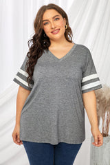 Plus Size Striped V-Neck Tee Shirt - Flyclothing LLC