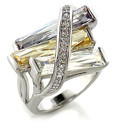 Alamode Rhodium Brass Ring with AAA Grade CZ in Multi Color - Flyclothing LLC