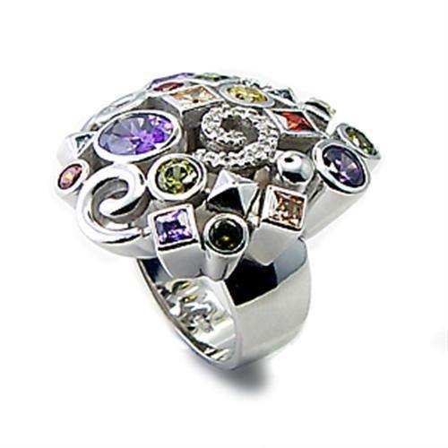 Alamode Rhodium Brass Ring with AAA Grade CZ in Multi Color - Flyclothing LLC