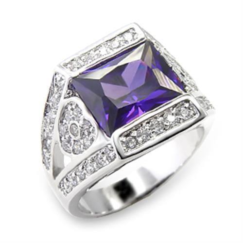 Alamode Rhodium Brass Ring with AAA Grade CZ in Amethyst - Flyclothing LLC