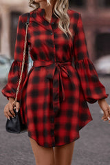 Plaid Tie Waist Balloon Sleeve Mini Dress - Flyclothing LLC