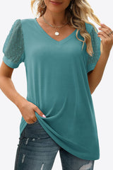 Swiss Dot Puff Sleeve V-Neck Tee - Flyclothing LLC