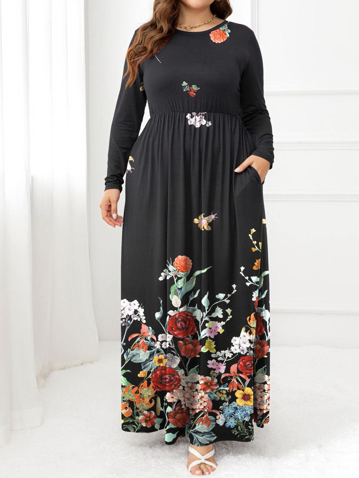 Plus Size Round Neck Maxi Dress with Pockets - Flyclothing LLC