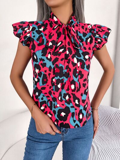 Leopard Tie Neck Cap Sleeve Blouse - Flyclothing LLC