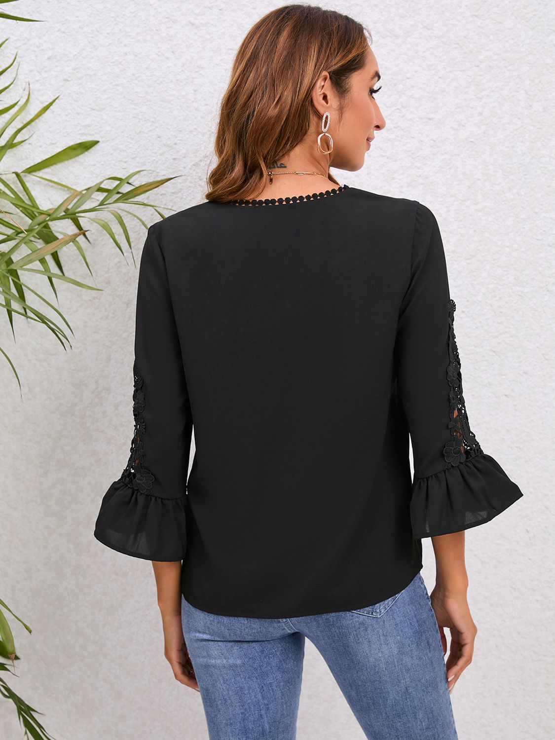 V-Neck Lace Detail Flounce Sleeve Blouse - Flyclothing LLC