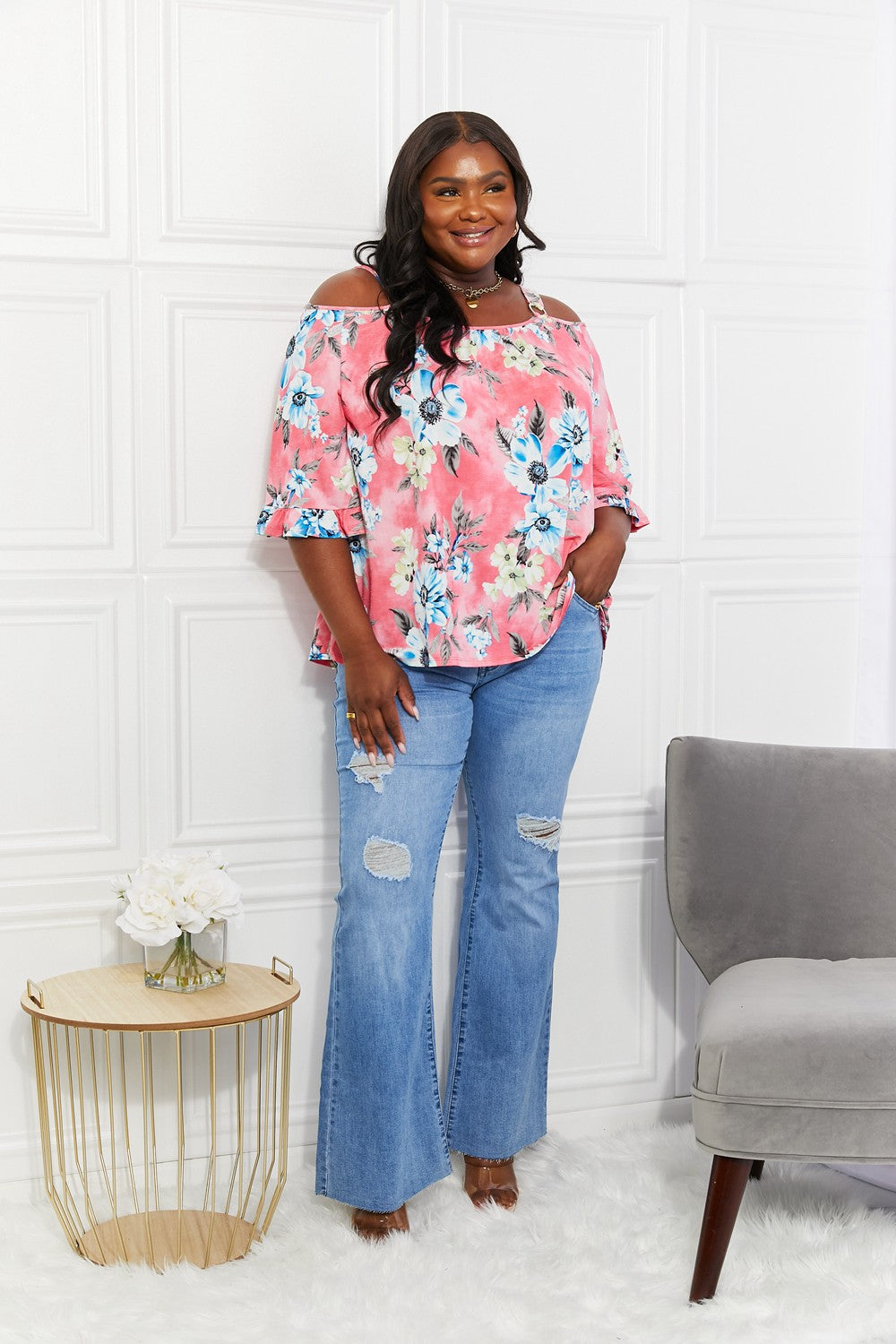 Sew In Love Full Size Fresh Take  Floral Cold-Shoulder Top - Flyclothing LLC