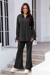 Drawstring Flounce Sleeve Shirt and Pants Set - Flyclothing LLC