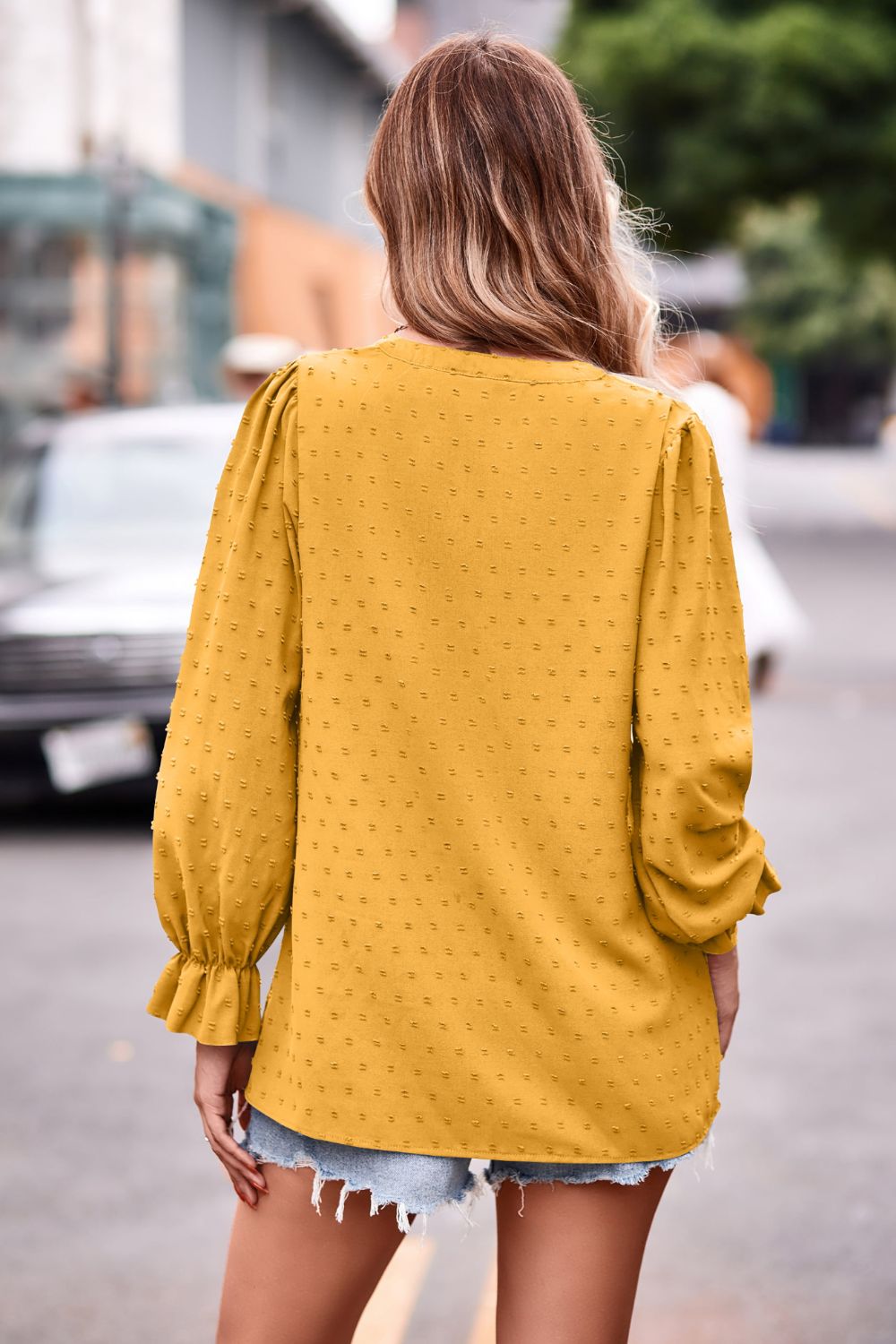 Swiss Dot Notched Neck Flounce Sleeve Blouse - Flyclothing LLC