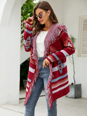 Fringe Geometric Hooded Long Sleeve Cardigan - Flyclothing LLC