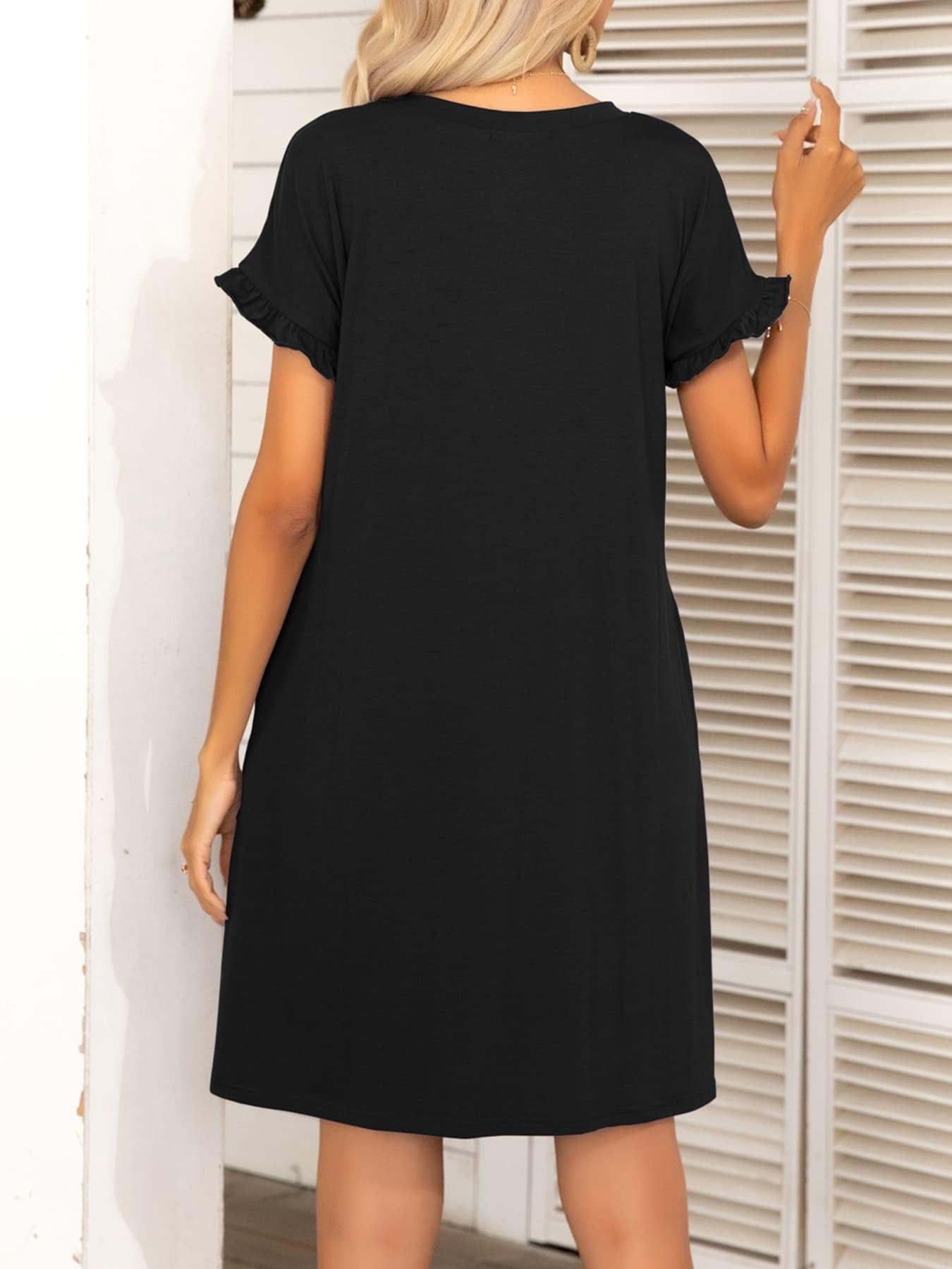 Round Neck Flounce Sleeve Dress with Pockets - Trendsi