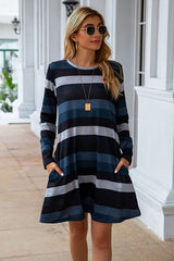 Striped Round Neck Long Sleeve Dress - Flyclothing LLC