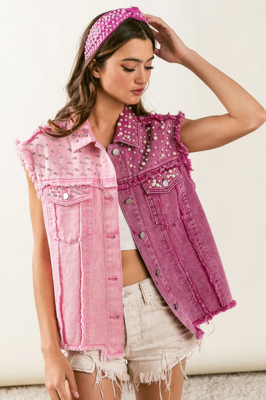 BiBi Pearl & Rhinestone  Decor Contrast Raw Hem Vest Coat - Flyclothing LLC