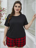 Plus Size Round Neck Tee Shirt and Plaid Shorts Lounge Set - Flyclothing LLC