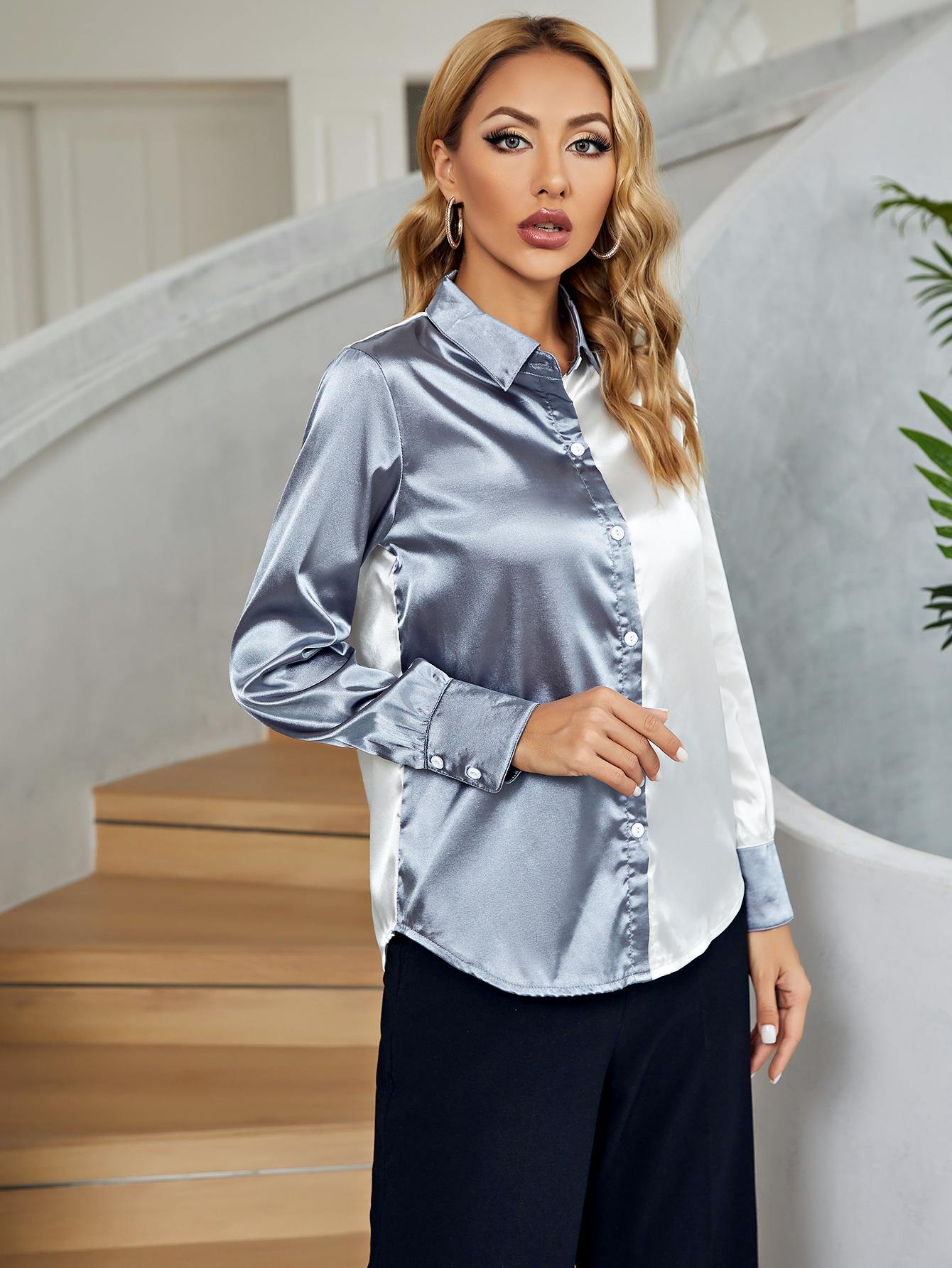 Two-Tone Long Sleeve Collared Shirt - Flyclothing LLC