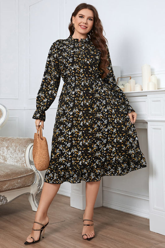 Plus Size Floral Flounce Sleeve Midi Dress - Flyclothing LLC