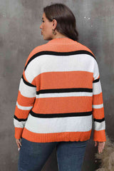 Plus Size Striped V-Neck Dropped Shoulder Sweater - Flyclothing LLC