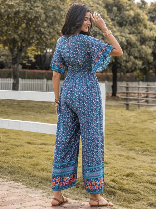 Floral Surplice Flutter Sleeve Jumpsuit - Flyclothing LLC