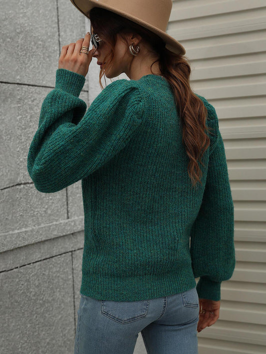 Heathered Long Lantern Sleeve Rib-Knit Sweater - Trendsi