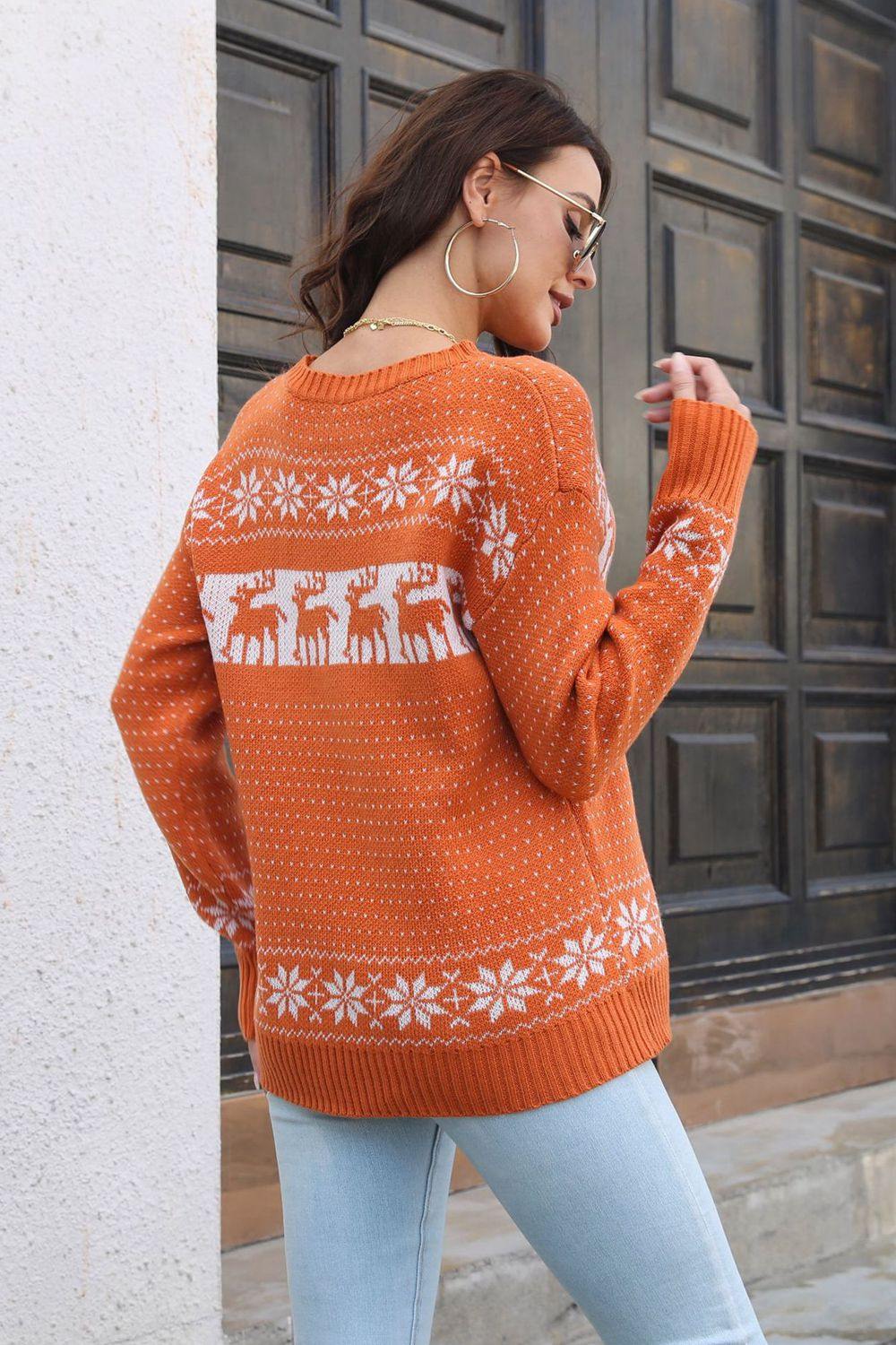 Reindeer & Snowflake Pattern Dropped Shoulder Pullover Sweater - Flyclothing LLC